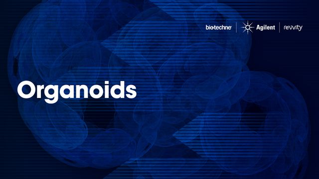 Blue-toned graphic with “Organoids” text and Bio-techne, Agilent and Revvity logos on a scientific background