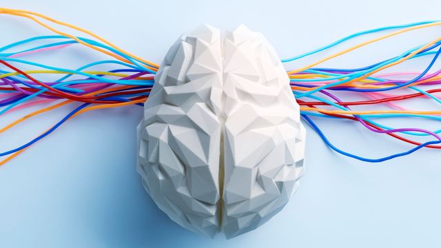 A white model brain with multicoloured wires coming out of its sides.