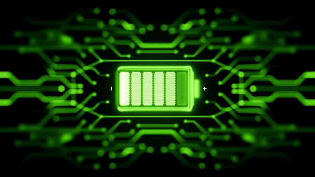 Graphical representation of a green battery on a black background surrounded by green lines 