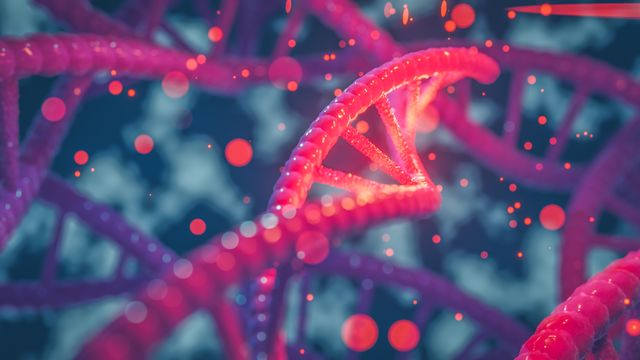 Close-up 3D illustration of glowing DNA strands representing genetic material and gene research. 