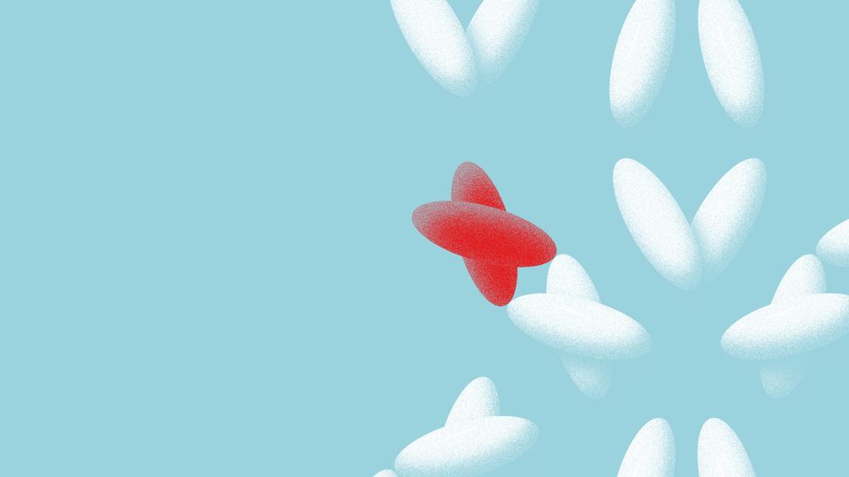 A stylized red and white antibody on a pale blue background.