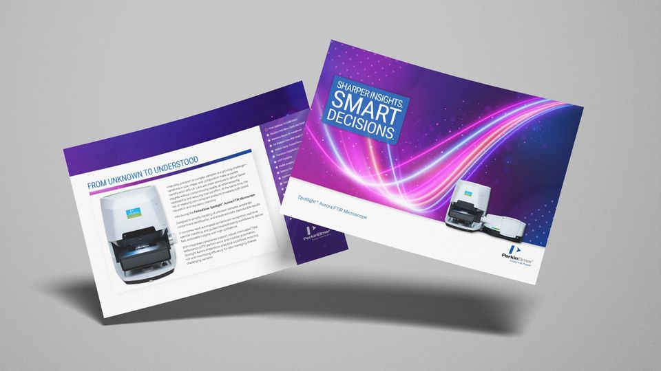 PerkinElmer brochure featuring the Spotlight Aurora FTIR Microscope with tagline 'Sharper Insights. Smart Decisions.