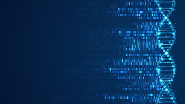 Digital DNA strand with data visualization representing genetic biomarkers for multiple sclerosis.