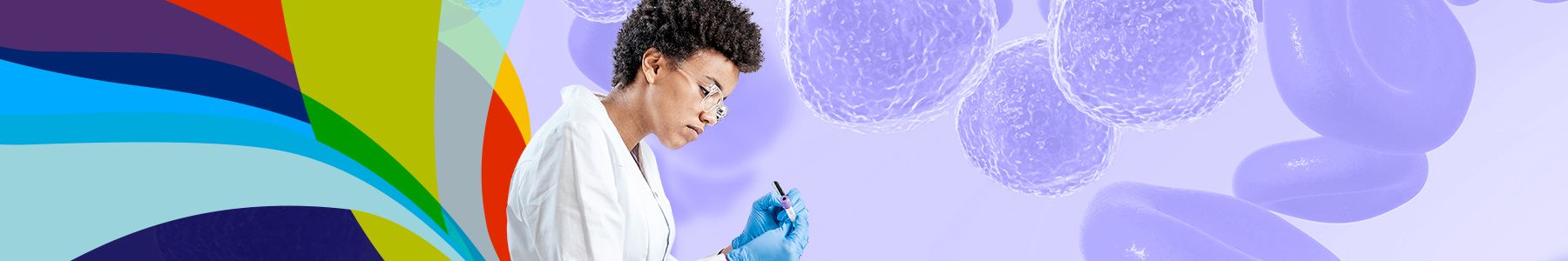 Scientist in lab coat examining PCR test sample against a molecular biology background. 