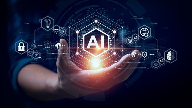 A person's outstretched hand with digitally-imposed AI-related icons floating around it. 