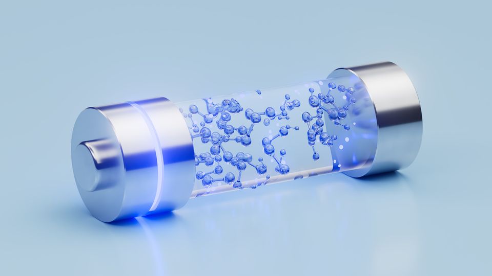 H2 Hydrogen Molecule Fuel Cell on a blue background