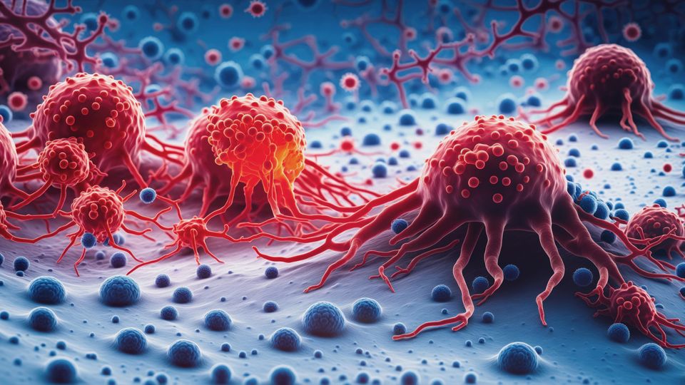Numerous cancer cells in red against a blue background.