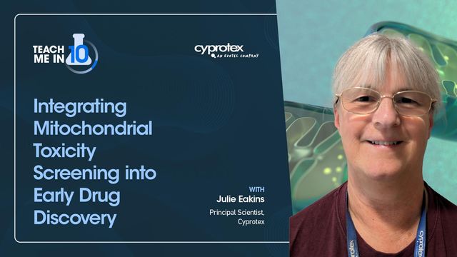 Headshot of Julie Eakins next to the title of her presentation “Integrating Mitochondrial Toxicity Screening Into Early Drug Discovery” 