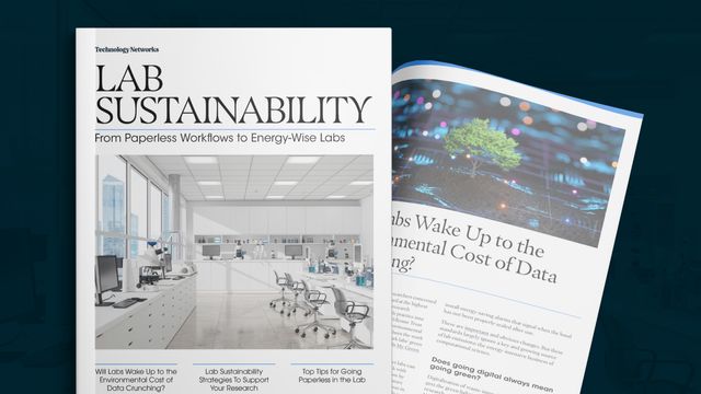 Lab sustainability magazine cover emphasizing environmental responsibility in research.