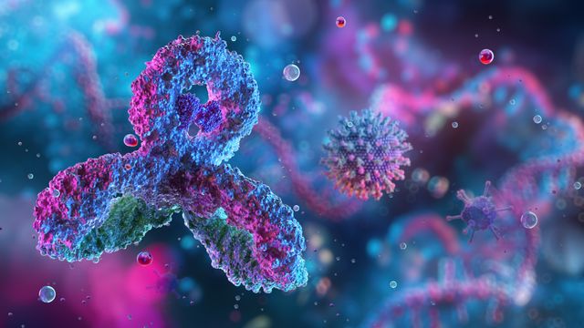 3D rendering of a virus interacting with a cell, showcasing their structural details and relationship in a biological context.