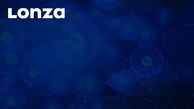 Lonza logo on a blue digital background with abstract genetic cell structures. 