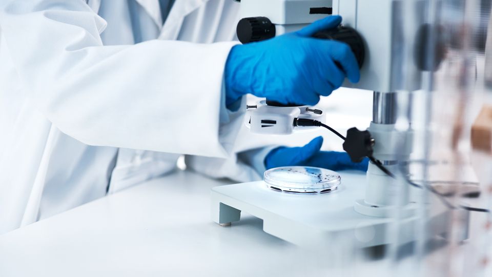 A person in a white lab coat and blue gloves handles a microscope in a lab.