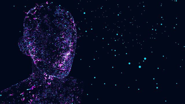 Abstract representation of a human figure composed of digital particles, symbolizing multiomics research. 