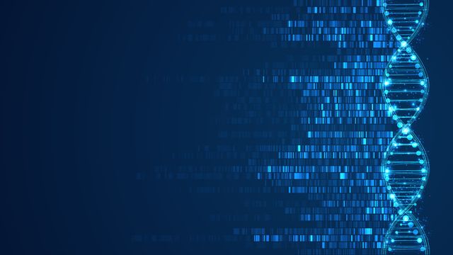 Digital illustration of a DNA double helix with data sequences, symbolizing genome analysis technology.
