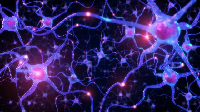 3D illustration of glowing neurons transmitting signals, representing spinal cord nerve activity.