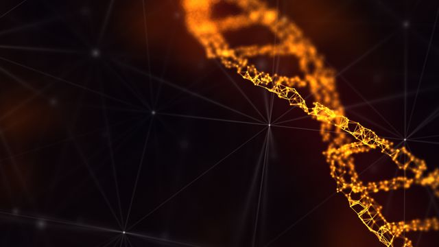 Abstract glowing orange DNA double helix with connected nodes on a dark network background 
