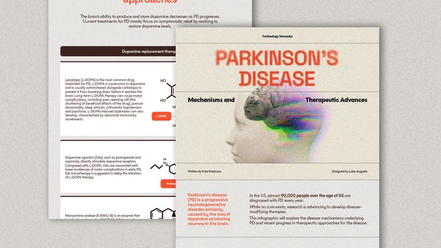Infographic on Parkinson’s disease showing brain imaging and therapeutic approaches for symptom management. 