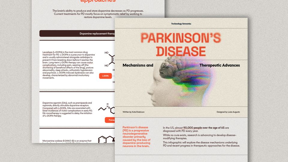 Infographic on Parkinson’s disease showing brain imaging and therapeutic approaches for symptom management.