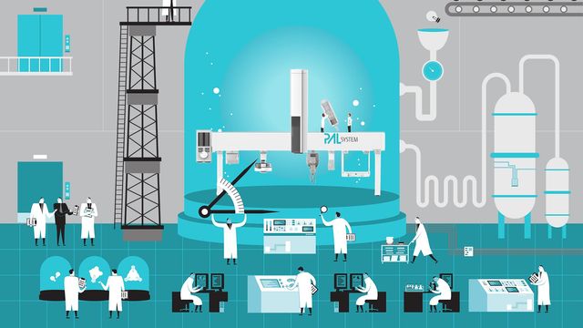 Illustration of a high-tech laboratory with researchers operating advanced machinery and equipment. 