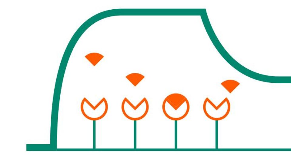 Illustration of an orange and green line graph with checkmark symbols and arrows representing data validation or process flow.
